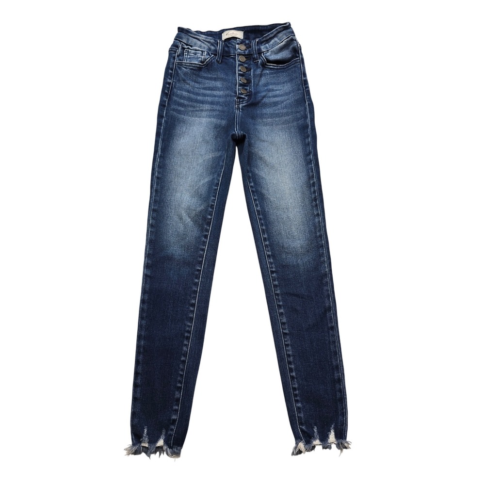 Kancan Signature Ultra High Rise Ankle Skinny Jeans Button Fly Raw Hem Blue 24